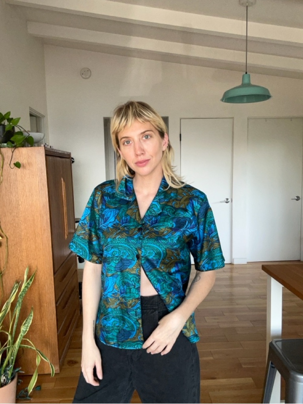 Notations Blue & Green Paisley Short-Sleeve Button Front Shirt